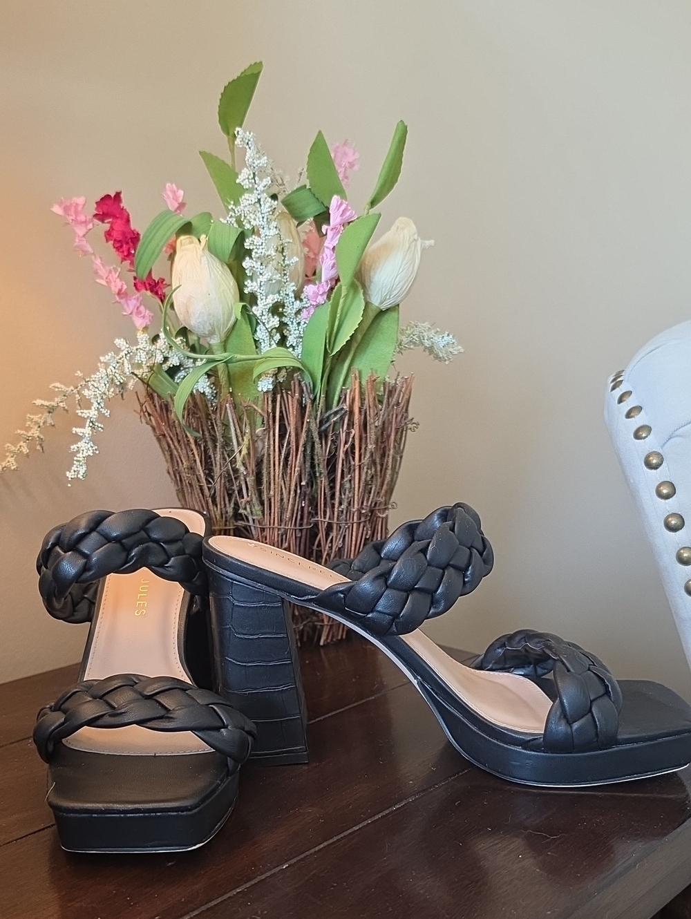 Sincerly Jules Black Braided Double-Strap Platform Heels